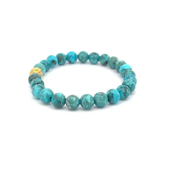 18K Gold Money Ball Lucky Bracelet Gemstones Turquoise 6mm - Picture 3 of 5
